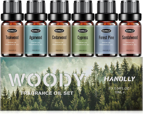Woody Essential Oils Set, Men Scents Fragrance Oil Aromatherapy Essential Oils Kit for Diffuser (6x10ML) - Sandalwood, Cedarwood, Teakwood, Agarwo...