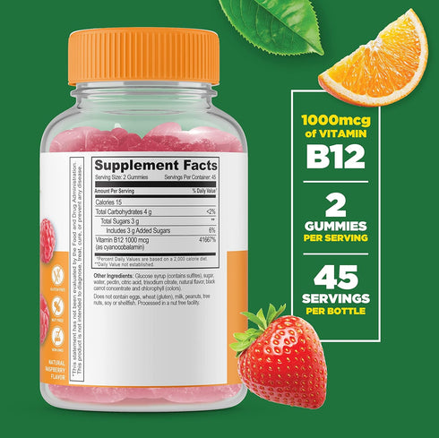 Lifeable Vitamin B12 Gummies for Adults | 1000 mcg | Great Tasting B12 Vitamins | non-GMO, Vegan B12 | for Energy and Metabolism Support | 90 Gumm...