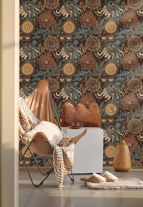 HAOKHOME 93291 Wallpaper Peel and Stick Floral Boho Brown/PeachPuff/Green Retro Wall Decor Bathroom Removable Mural 17.7in x 6.6ft...