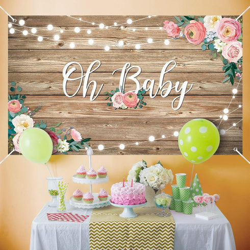 Rustic Wood Baby Shower Backdrop Banner Oh Baby Floral Baby Shower Decorations Background for Girls and Boys Wood Floor Flower Wall Newborn Birthd...