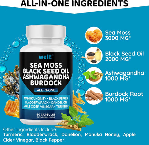 Sea Moss 3000, Black Seed Oil 2000, Ashwagandha 1000, Bladderwrack, Maca Turmeric - Manuka Honey, Dandelion & Black Pepper, Super Antioxidants Sup...