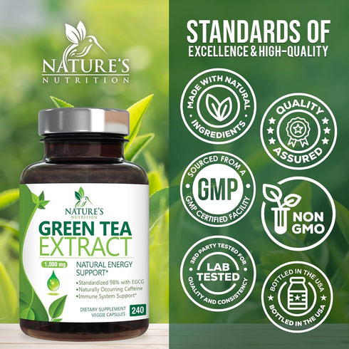 Green Tea Extract Capsules 1000mg 98% Standardized EGCG - 3X Strength for Natural Energy - Heart Support with Polyphenols - Gentle Caffeine - 240 ...
