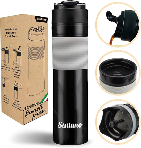 2in1 Travel French Press Coffee Maker, Portable 11.8 oz Tumbler Coffee French Press for Ground Coffee & Tea Leaves; Iced Coffee, Cold Brew Tea, Co...