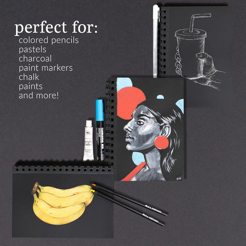 W.A. Portman Black Paper Sketchbook - A5 (6" x 8.25") Black Drawing Paper - Black Paper Journal with Black Art Paper - 60 Page Black Paper Noteboo...