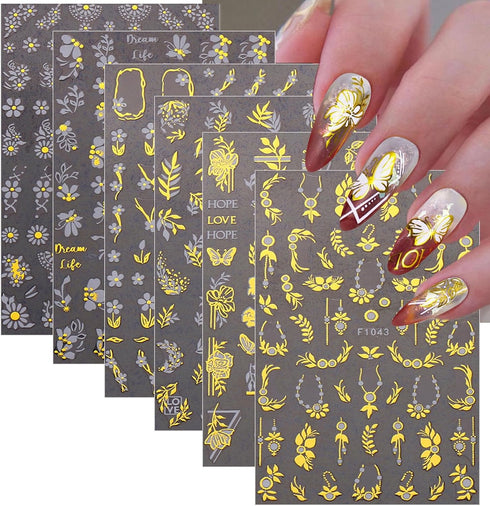 8 Sheets Gold Nail Stickers Flower Nail Decals 3D Self Adhesive Leaf Nail Art Stickers Spring Nail Designs Nail Art Supplies for Women Nail Manicu...