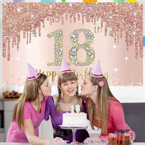 Sweet 18th Birthday Banner Backdrop Decorations for Girls, Rose Gold 18 Birthday Party Sign Supplies, Pink 18 Years Old Birthday Poster Background...