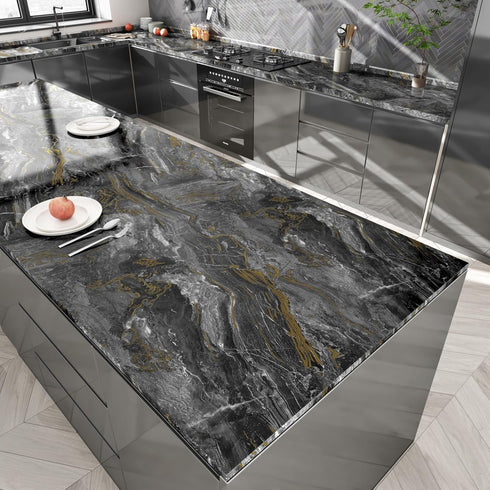 Black/Gold Marble Contact Paper for Countertops Slate Gold Marble Wallpaper Peel and Stick Glossy Waterproof Marble Wall Paper for Cabinets Shelf ...