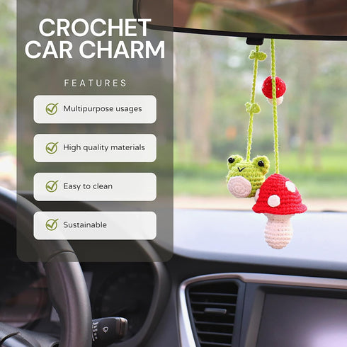 2PCS Crochet Frog and Mushroom Ornament, Accessories for Rear View Window, Handmade Hanging Car Charm, Automotive Interior Decorations, House Deco...