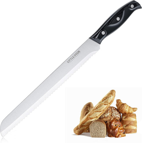 Little Cook Bread Knife with Cover, 10 inch serrated bread knife for homemade bread, German Stainless Steel brisket knife, Bread Cutter Ideal for ...