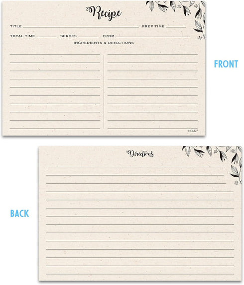 Spacious Recipe Cards 4x6” - 50 count, Double Sided. Thick Card Stock. Perfect for Recipe Box & Recipe Binder. Minimal Floral Kraft-Like Design...