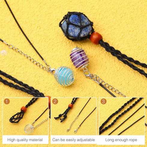 66 Pieces Empty Stone Holder Quartz Stone Necklace Cord Fish Netted Cord Adjustable Crystal Holder Spiral Bead Cages Pendants Black Waxed Necklace...