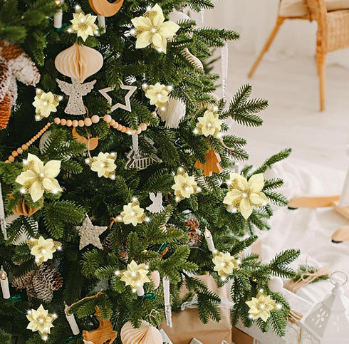 Geefuun 28PCS Christmas Tree Decorations: Poinsettias Artificial Flowers Ornaments Xmas Gold Glitter Flower with Clips...