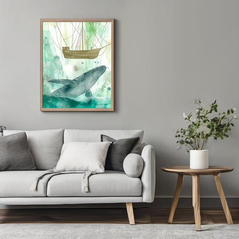 Posterizer 1 pcs-watercolor inspired art-grand whale and a ship 2-Coastal & Nautical Art-Collectibles & Fine Art-Living Room Bedroom Decor- unfram...
