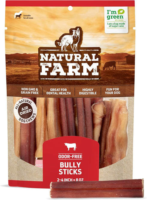 Natural Farm Odor-Free Bully Sticks (2-4”, 8oz) ALL-NATURAL Long-Lasting Chews, 100% Beef Pizzle, Grass-Fed, Grain-Free, Hormone-Free, Protein for...