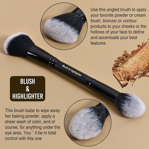 LORYP Black Makeup Brushes 2Pcs Duo End Foundation Powder Brush Set, Blush & Highlighter Brush and Round & Flat Foundation Brush...