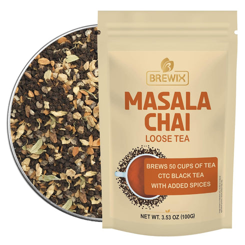 BREWIX, Masala Chai Tea Loose Leaf CTC TEA (50+ Cups, 3.53oz/100g) Strong Robust & Aromatic, All Natural | Blended with Exotic Spices | Ginger, Ci...
