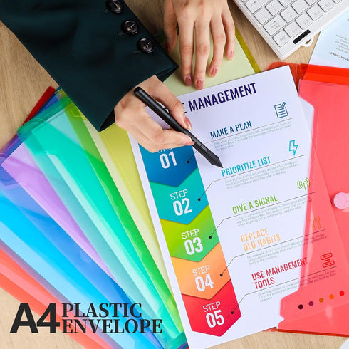 LEOBRO Plastic Envelopes, 8 Pack Plastic Folders for Documents, A4 Plastic File Folder Plastic Envelope for Documents, File Poly Folders Storage P...