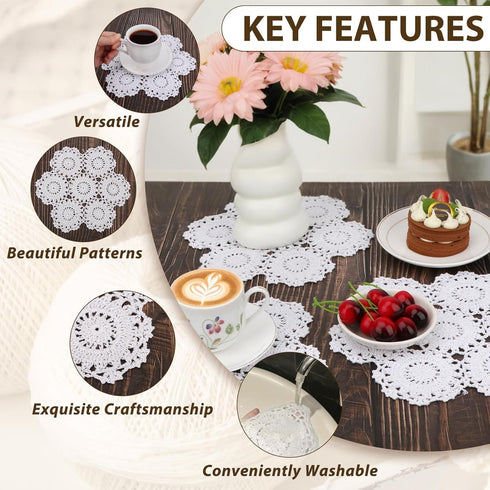 kilofly Crochet Cotton Lace Table Placemats Doilies Pack, 4pc, White, Blossoms, 10 inch...