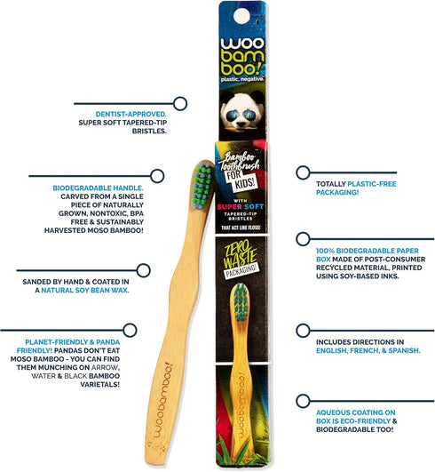 Woobamboo! Kid's Bamboo Toothbrush - Super Soft BPA Free Nylon Bristles - Eco-Friendly, Biodegradable, Compostable, Vegan (Pack of 2)...