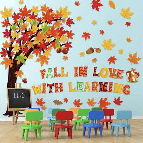 123 PCS Fall Classroom Tree Decorations Maple Leaves Bulletin Board Cutouts Fall in Love with Learning Decors Autumn Party Supplies with Glue Poin...