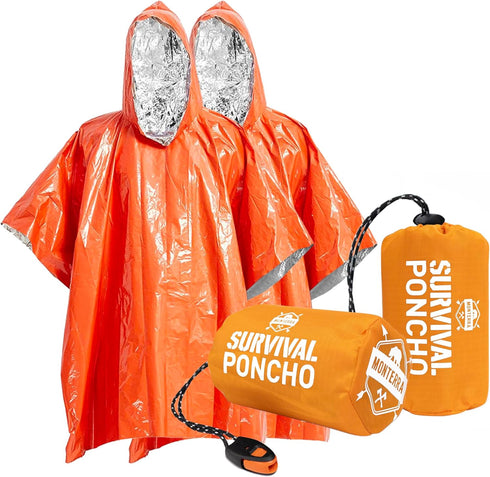 Emergency Survival Poncho. 2 Thermal Mylar Space Blanket Rain Ponchos. Camping Accessories, Outdoor Survival Gear....