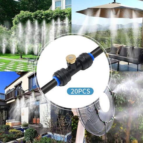20 Pieces Brass Misting Nozzles 1/4 Inch Slip Lock Mister Nozzles Thread Misting Nozzle Tees with 20 Nozzles + 20 Seats + 4 Plugs for Outdoor Cool...