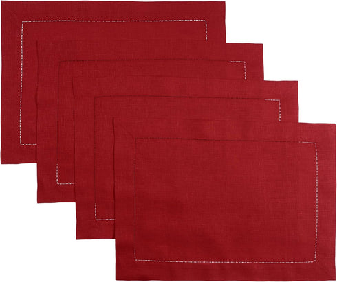 D'Moksha Homes Red Linen Placemats Set of 4 - Classic Hemstitch Placemats 14 x 19 Inch - 100% Pure Linen Table Mats for Summer, Fall and Halloween...