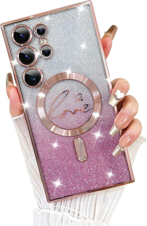 Fiyart Designed for Samsung Galaxy S24 Ultra Case,Compatible with MagSafe Love Heart Plating Camera Protection Clear Phone Case, Magnetic Glitter ...