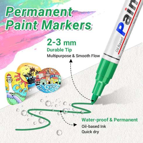 Oil Based Paint Pen, Permanent Paint Marker: Quick-Dry, Waterproof Marker Set of 12 for Rock Painting, Glass, Fabric, Ceramic, Wood, Metal, Mug, P...