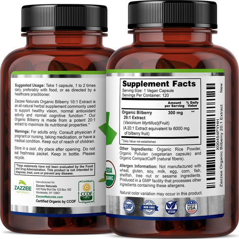 Zazzee USDA Organic Bilberry 20:1 Extract, 6000 mg Strength, 120 Vegan Capsules, 4 Month Supply, Standardized and Concentrated 20X Extract, 100% V...