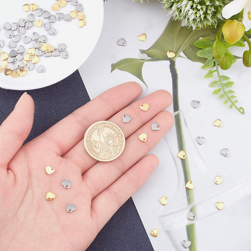 UNICRAFTALE 100pcs 2 Colors Flat Heart Pendants - Tiny Love Stainless Steel Hypoallergenic Metal Charm - 1mm Hole for DIY Jewelry Findings - 6mm W...