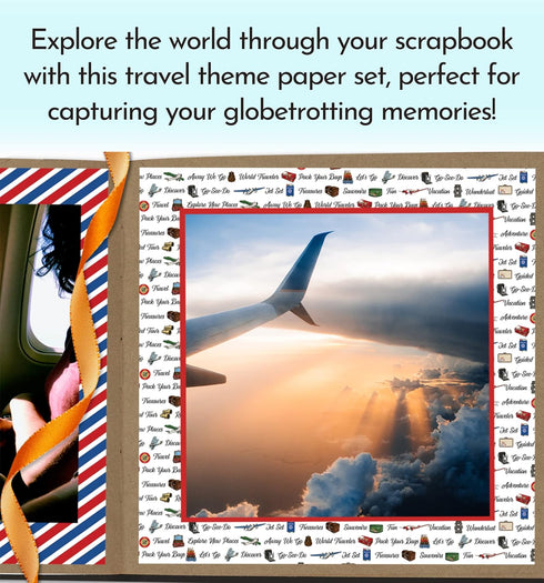 Travel Scrapbook Paper 12x12 - World Map Scrapbook Paper with Plane, Stamp, Luggage Design | Vacation Scrapbook Paper for Scrapbooking, Photo Albu...
