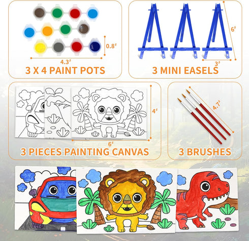VKPI Canvas Painting Set with Mini Easel for Kids, Watercolor Art Supplies Kit with 3 Pre Drawn Canvases, 3 Plastic Easels, Paint Pots and Brushes...