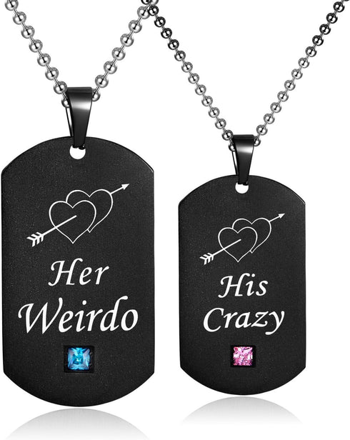 His Crazy Her Weirdo Couple Pendant Necklaces His & Hers Matching Set Titanium Stainless Steel Couple Pendant Necklace Engraved Jewelry Set, Perfe...