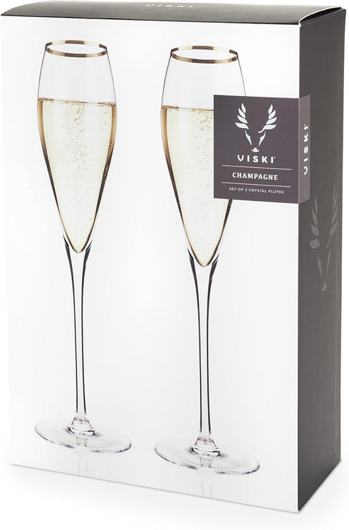 Viski Gold-Rimmed Crystal Champagne Flutes, Crystal Drinking Glasses, Stemmed Wine Martini Glass Set, Housewarming Wedding Wine Gift - Set of 2, 8...