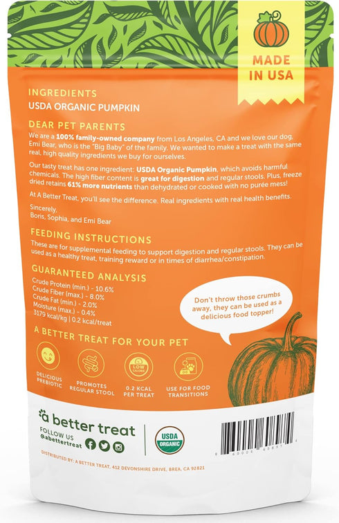 A Better Treat – Freeze Dried Organic Pumpkin Dog and Cat Treats, Organic, Single Ingredient | Natural, Healthy, Diabetic Friendly | Made in The U...