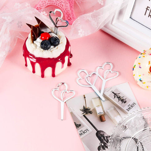 48 Pieces Silver Heart Cupcake Toppers Double Heart Cupcake Picks Love Cake Decorations Engagement Toothpicks for Bridal Shower Wedding Anniversar...