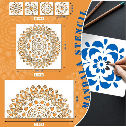 24 Pieces Mandala Stencil Reusable Mandala Painting Templates Floral Design Stencil Mandala Drawing Craft Stencil for DIY Wall, Tile, Furniture, C...