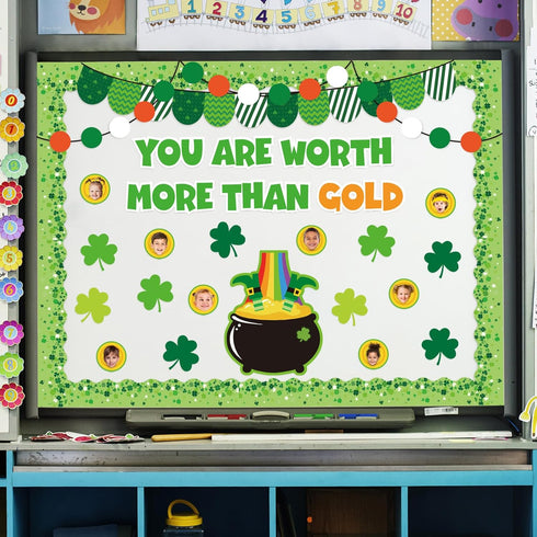 72Pcs St. Patrick's Day Bulletin Board Decor Set Shamrock Clover Gold Coin Cut-Outs with Glue Points Bulletin Board Stickers for Irish Holiday Sch...