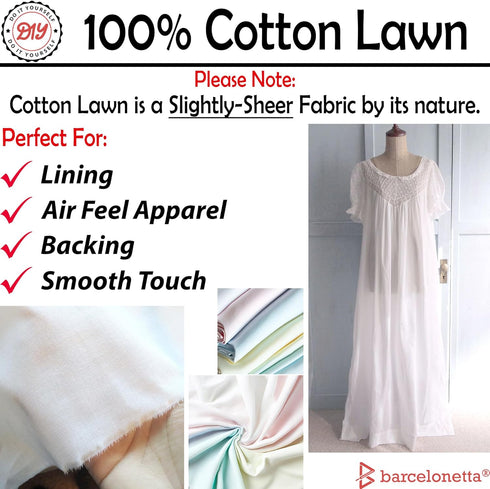 | Cotton Lawn Fabric | 100% Cotton | Thin | 58" Wide | Lining, Sewing, Air Feel Layer | Cloth, Solid (White, 2 Yard)...