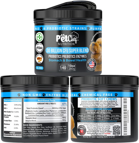 Pet Chef Probiotics Prebiotics Chew Treats for Dogs - Digestive Gut & Bowel Health Blend, Ideal for Puppies and Old Dogs with Stomach Issues, Alle...
