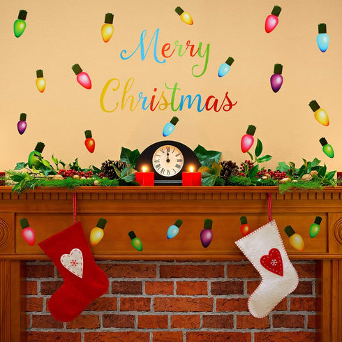 91 Pieces Christmas Wall Stickers Christmas PVC Merry Christmas Lights Bulb Wall Decals for Christmas Decoration...
