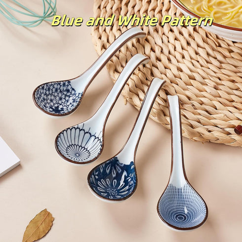 Ceramic Asian Soup Spoon set of 4, Japanese Ramen Spoon in Different Pattern, Perfect for Ramen, Noodle, Chinese Wonton, Vietnamese Pho, Soup Dump...