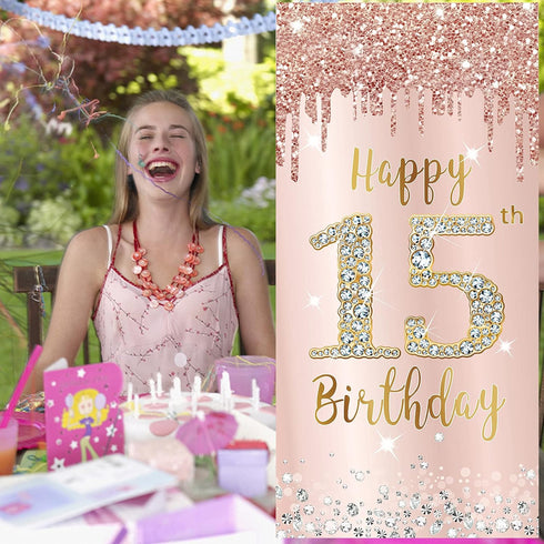 Happy 15th Birthday Door Banner Decorations for Girls, Pink Rose Gold 15 Birthday Party Backdrop Door Cover Sign Supplies, Fifteen Year Old Birthd...