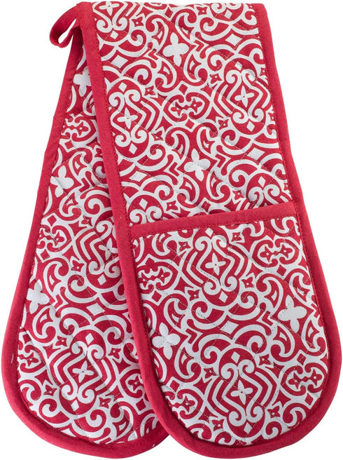 Kitchen BBQ Christmas Red Holiday Double Oven Mitts Gloves | Extra Long & Thick, Heat Resistant | Quilted Attached 1 Piece Oven Gloves | 100% Cott...