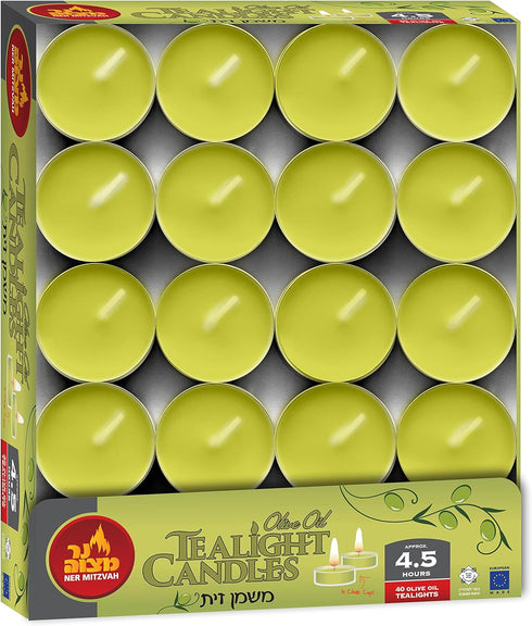 Olive Oil Tea Light Candles - 40 Pack - Clear Cup Unscented Travel, Centerpiece, Decorative Candle - 4.5 Hour Burn Time - by Ner Mitzvah...