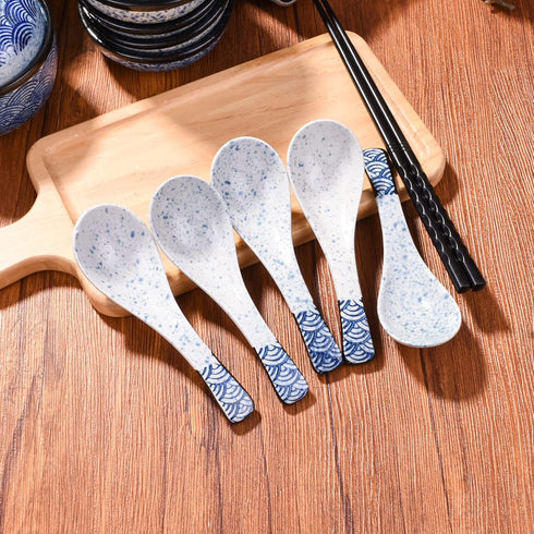 Ceramic Soup Spoons Japanese Ramen Spoons Set of 5 Wonton Spoon for Pho Ramen Noodles Wonton Dumpling Rice,With Blue Spots...