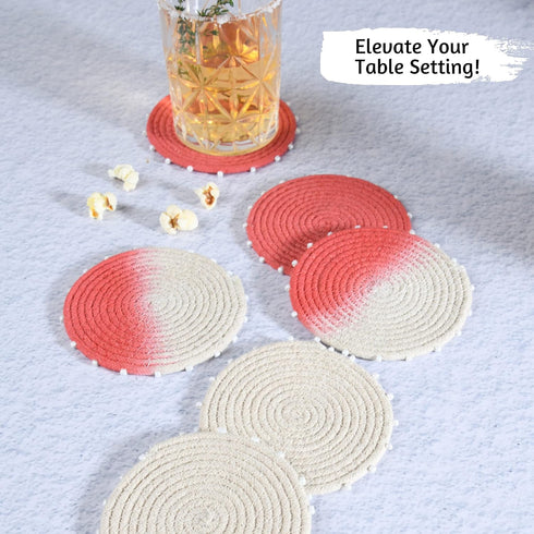 Folkulture Boho Coasters for Drinks - Set of 6 Woven Absorbent Coasters for Coffee Table, Dining Table or Office Desk - Red Cranberry...