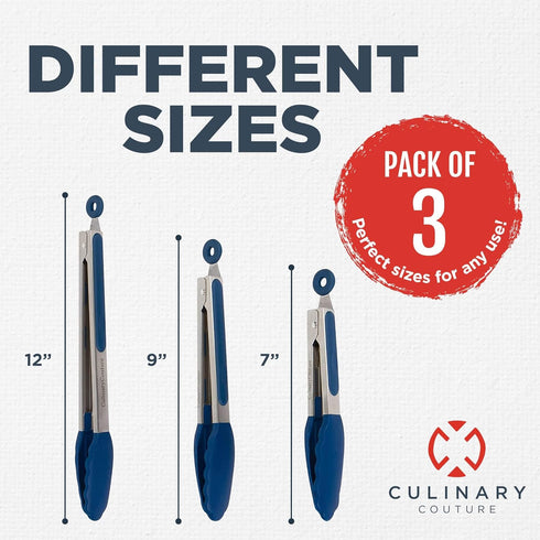 Silicone Kitchen Tongs with Silicone Tips, Set of 3 Heat Resistant Tongs for Serving Food, 7-Inch, 9-Inch, 12-Inch Locking Silicone Tongs for Cook...