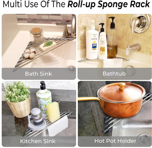Roll Up Sponge Holder for Counter, Sink Organizer for Kitchen, Bathroom, Laundry Room, 304-Stainless Steel Sink Organizer for Sponge, Brush, Scrub...